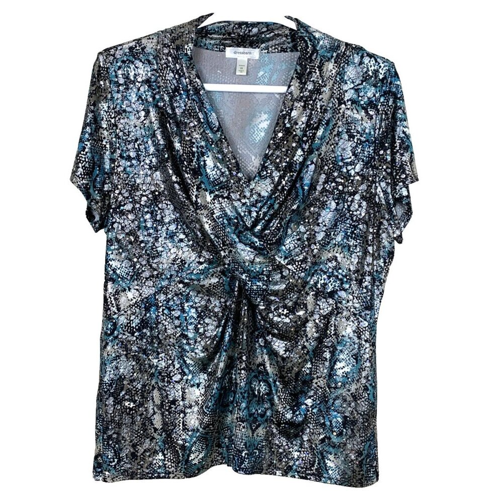 Dressbarn Womens 2X Blouse Short Sleeve Metallic Snake Print Slinky Stretch Top